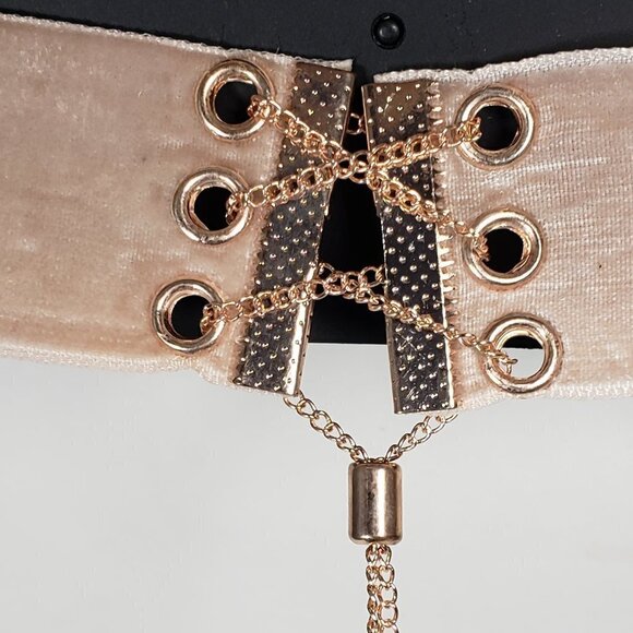 Salmon Necktie Lace-up Chocker and Long Rose Gold Tone Crystal Tassel Necklace - Picture 3 of 7